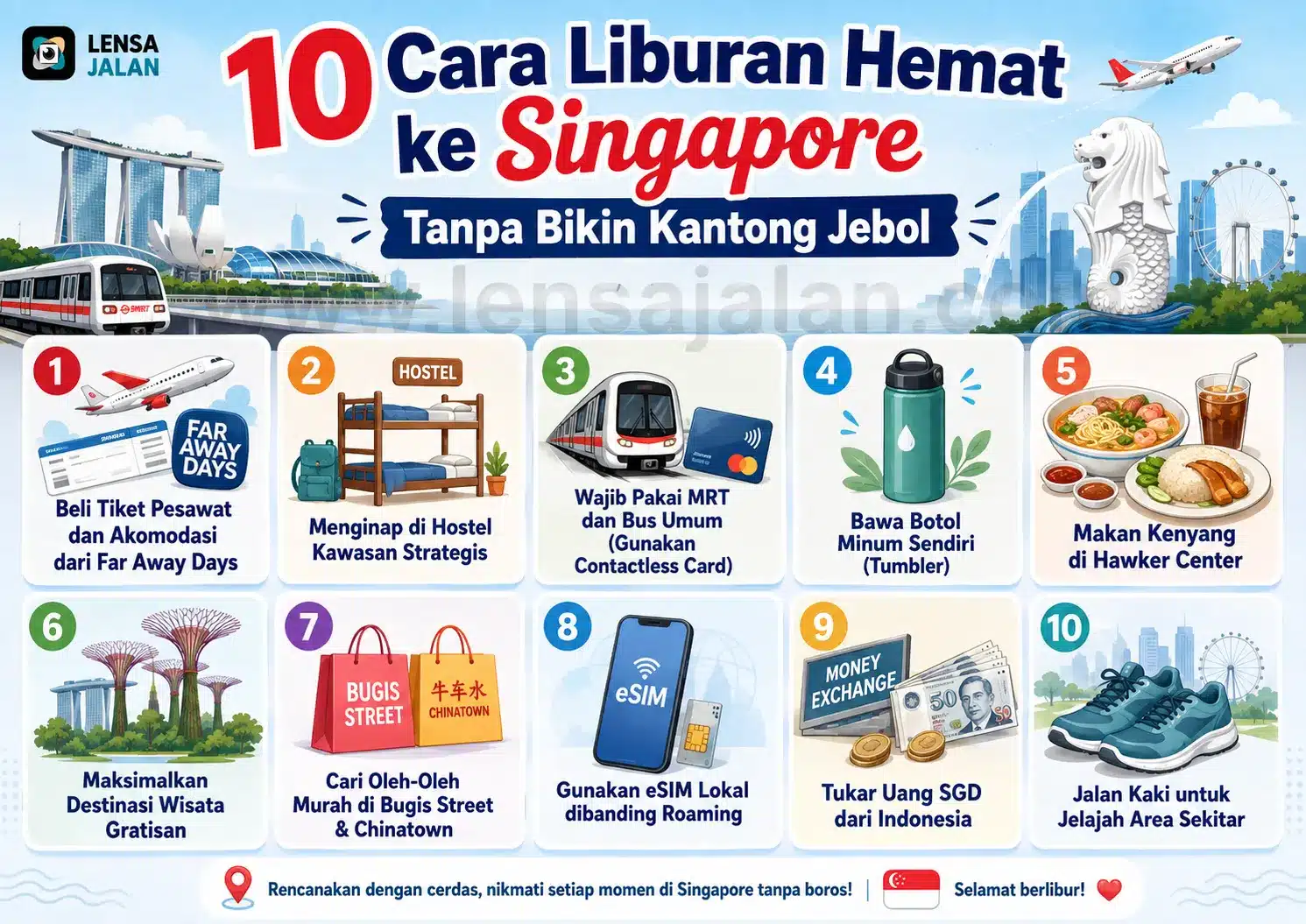 Infografis 10 cara liburan hemat ke Singapore, mulai dari tiket dan hostel murah, naik MRT, makan di hawker center, hingga wisata gratis.