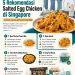 Infografis 5 rekomendasi salted egg chicken di Singapore dari New Station Snack Bar, Taste Good, Two Chefs Eating House, Tang Tea House, dan Encik Tan.