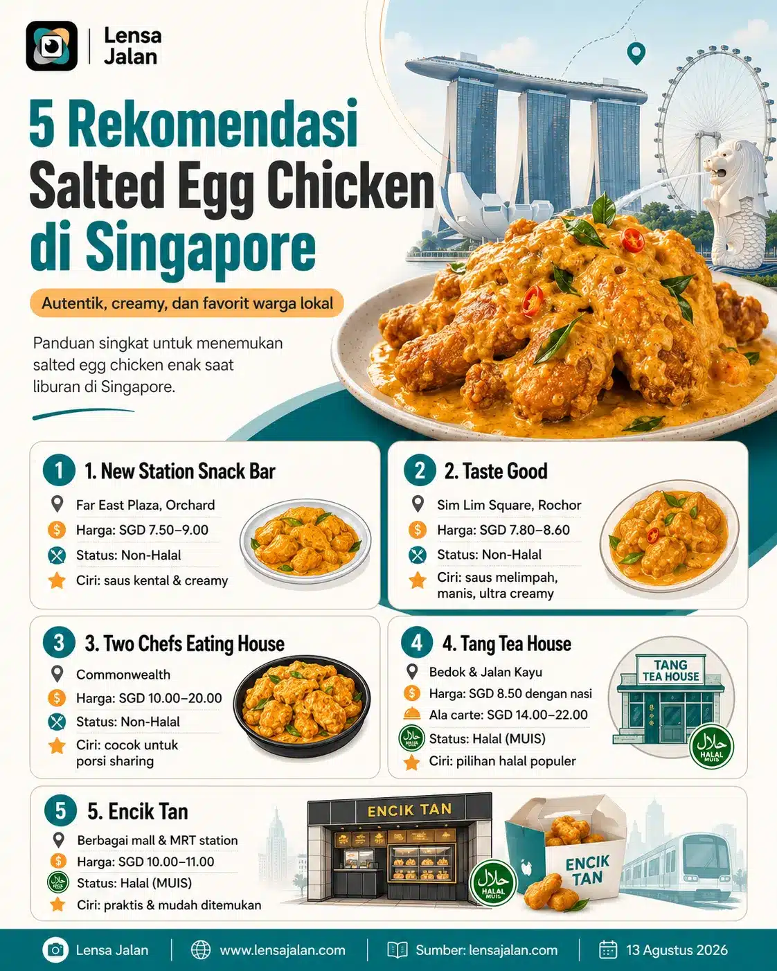 Infografis 5 rekomendasi salted egg chicken di Singapore dari New Station Snack Bar, Taste Good, Two Chefs Eating House, Tang Tea House, dan Encik Tan.