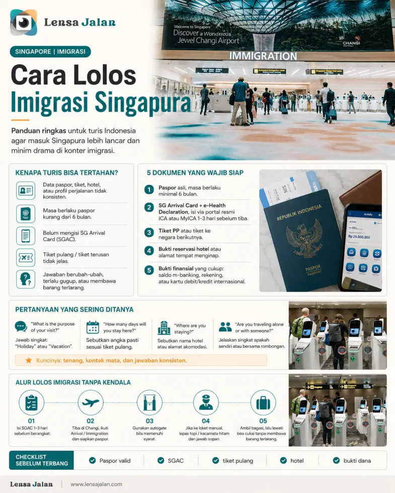 Infografis cara lolos imigrasi Singapura untuk turis Indonesia, mencakup dokumen wajib, pertanyaan petugas, dan alur pemeriksaan.