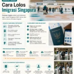 Infografis cara lolos imigrasi Singapura untuk turis Indonesia, mencakup dokumen wajib, pertanyaan petugas, dan alur pemeriksaan.