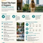 Infografis Lensa Jalan tentang tempat titip koper di Singapore, mencakup pilihan Changi, Jewel, hotel, locker resmi, storage dekat MRT, area terbaik sesuai itinerary, biaya, dan tips sebelum menitip koper.