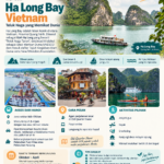 Infografis panduan wisata Ha Long Bay Vietnam dari Hanoi dengan informasi daya tarik, transportasi, aktivitas, waktu terbaik berkunjung, dan tips perjalanan.