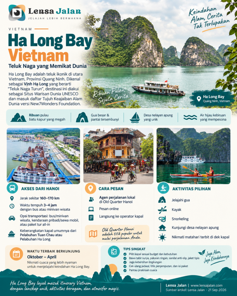 Infografis panduan wisata Ha Long Bay Vietnam dari Hanoi dengan informasi daya tarik, transportasi, aktivitas, waktu terbaik berkunjung, dan tips perjalanan.