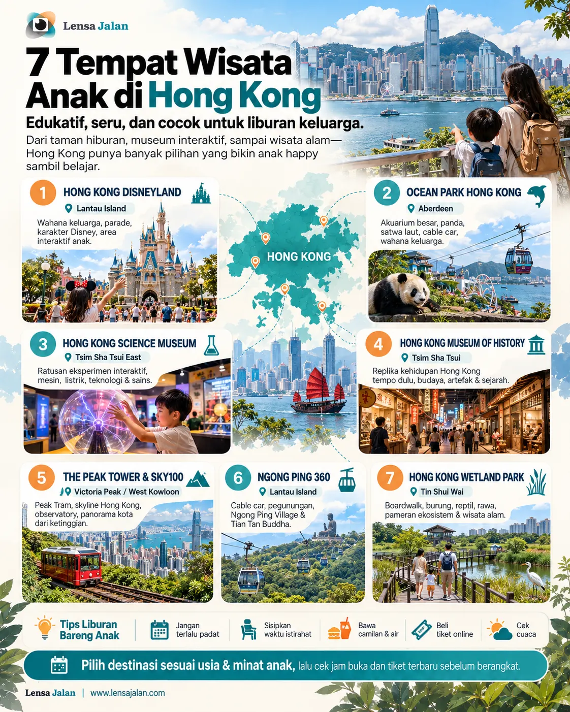 Infografis 7 tempat wisata anak di Hong Kong untuk liburan keluarga, termasuk Hong Kong Disneyland, Ocean Park, Science Museum, Ngong Ping 360, dan Hong Kong Wetland Park.