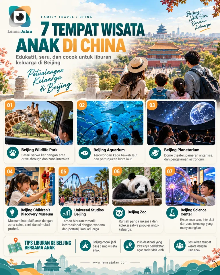 Infografis 7 tempat wisata anak di China yang edukatif dan seru, meliputi Beijing Wildlife Park, Beijing Aquarium, Beijing Planetarium, Beijing Children’s Discovery Museum, Universal Studios Beijing, Beijing Zoo, dan Beijing Science Center.