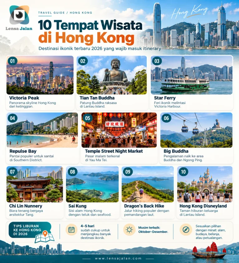 Infografis 10 tempat wisata di Hong Kong yang ikonik tahun 2026, termasuk Victoria Peak, Tian Tan Buddha, Star Ferry, Repulse Bay, Temple Street Night Market, Big Buddha, Chi Lin Nunnery, Sai Kung, Dragon’s Back Hike, dan Hong Kong Disneyland.