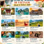 Infografis 9 tempat wisata di Vietnam yang ikonik tahun 2026, mulai dari Ha Long Bay, Temple of Literature, Imperial City of Hue, Da Nang, Mui Ne, Sapa, Phong Nha, Ninh Binh, hingga Cu Chi Tunnels.