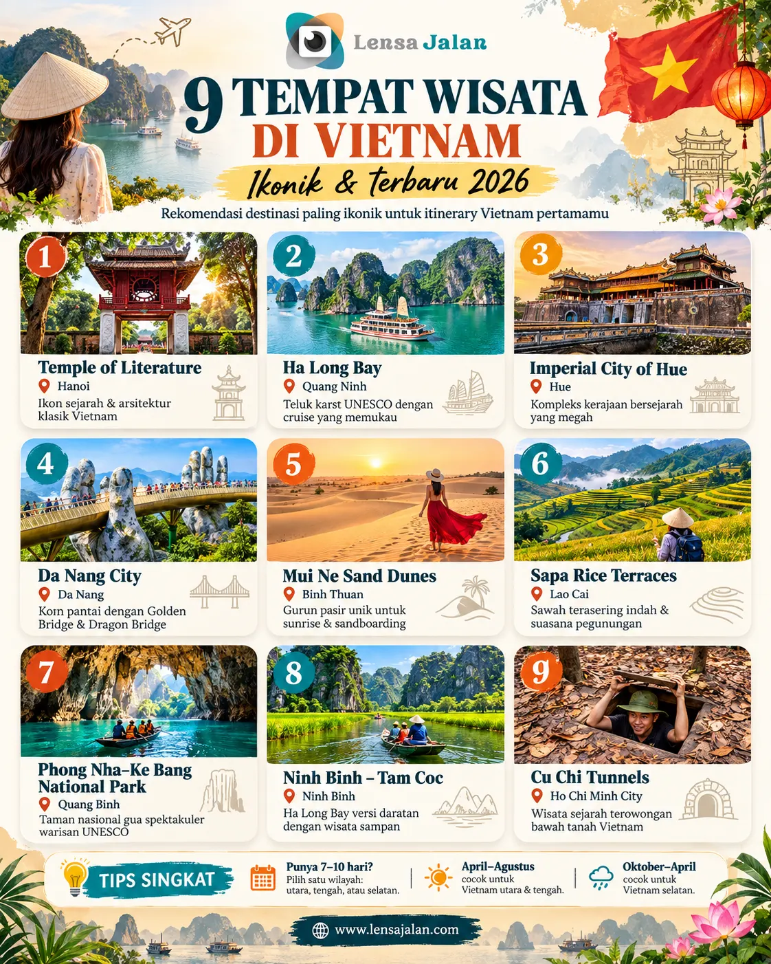 Infografis 9 tempat wisata di Vietnam yang ikonik tahun 2026, mulai dari Ha Long Bay, Temple of Literature, Imperial City of Hue, Da Nang, Mui Ne, Sapa, Phong Nha, Ninh Binh, hingga Cu Chi Tunnels.