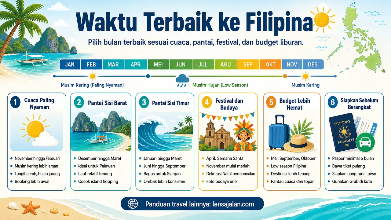 Infografik waktu terbaik untuk ke Filipina berdasarkan cuaca, pantai, festival, dan budget.