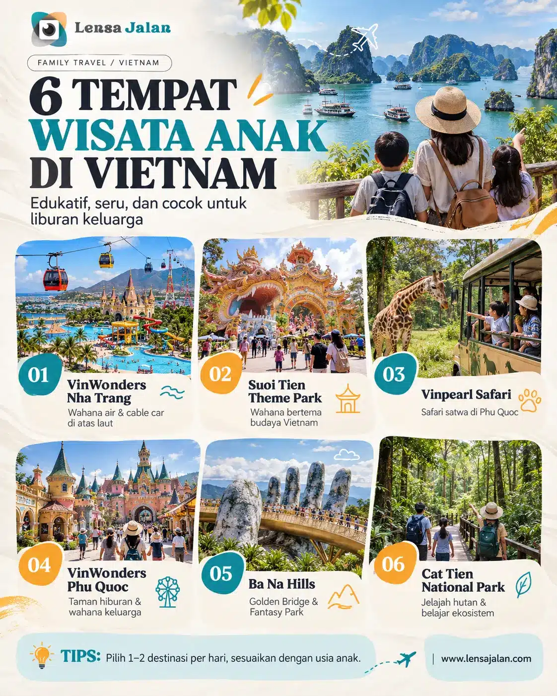 Infografis 6 tempat wisata anak di Vietnam yang edukatif dan seru, meliputi VinWonders Nha Trang, Suoi Tien Theme Park, Vinpearl Safari, VinWonders Phu Quoc, Ba Na Hills, dan Cat Tien National Park.
